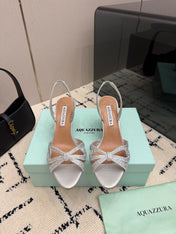 AQUAZZURA 26S HEEL SANDALS 80 MM IN SILVER CALFSKIN CRYSTAL STONES