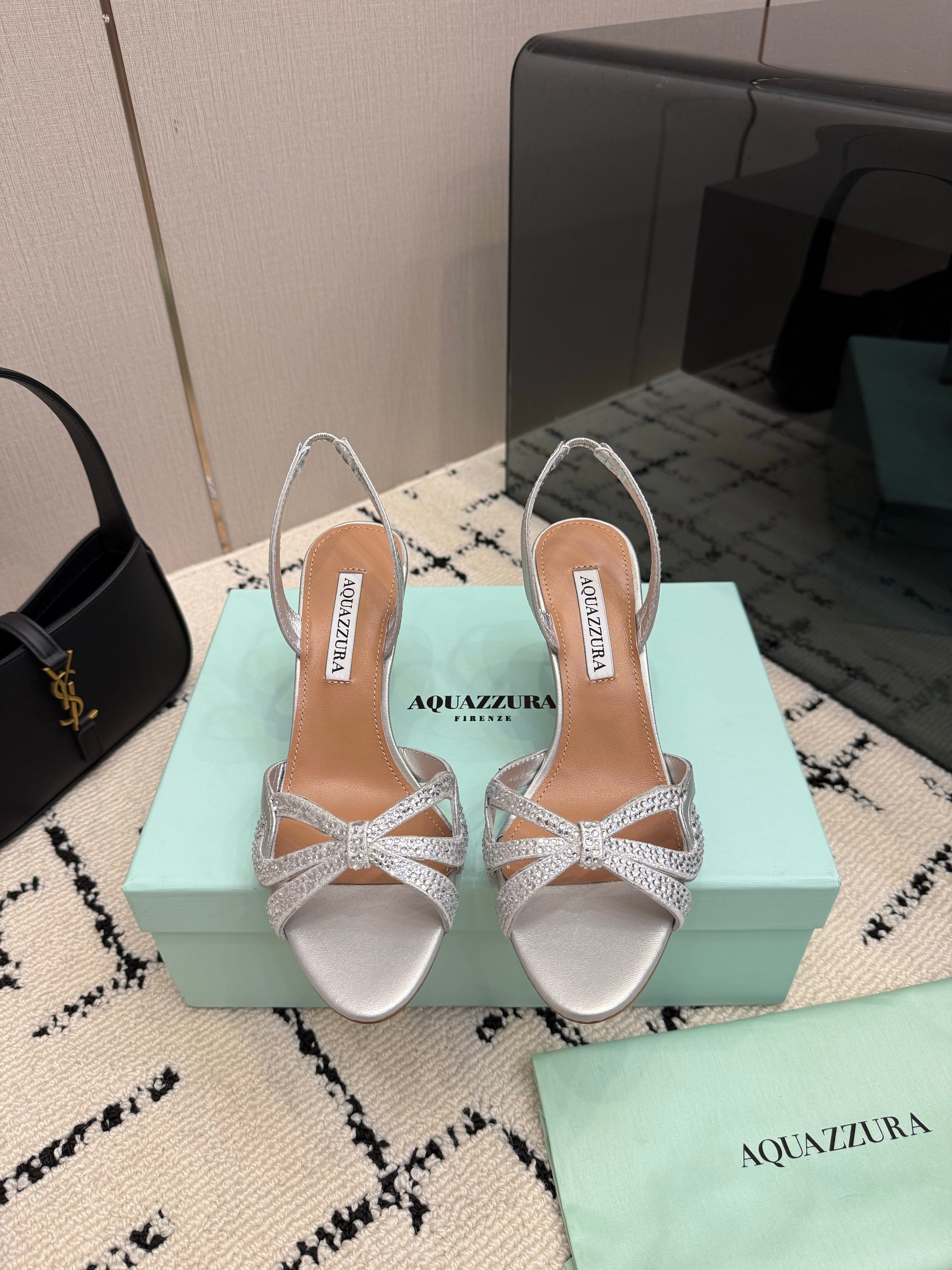 AQUAZZURA 26S HEEL SANDALS 80 MM IN SILVER CALFSKIN CRYSTAL STONES