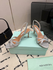 AQUAZZURA 26S HEEL SANDALS 80 MM IN SILVER CALFSKIN CRYSTAL STONES