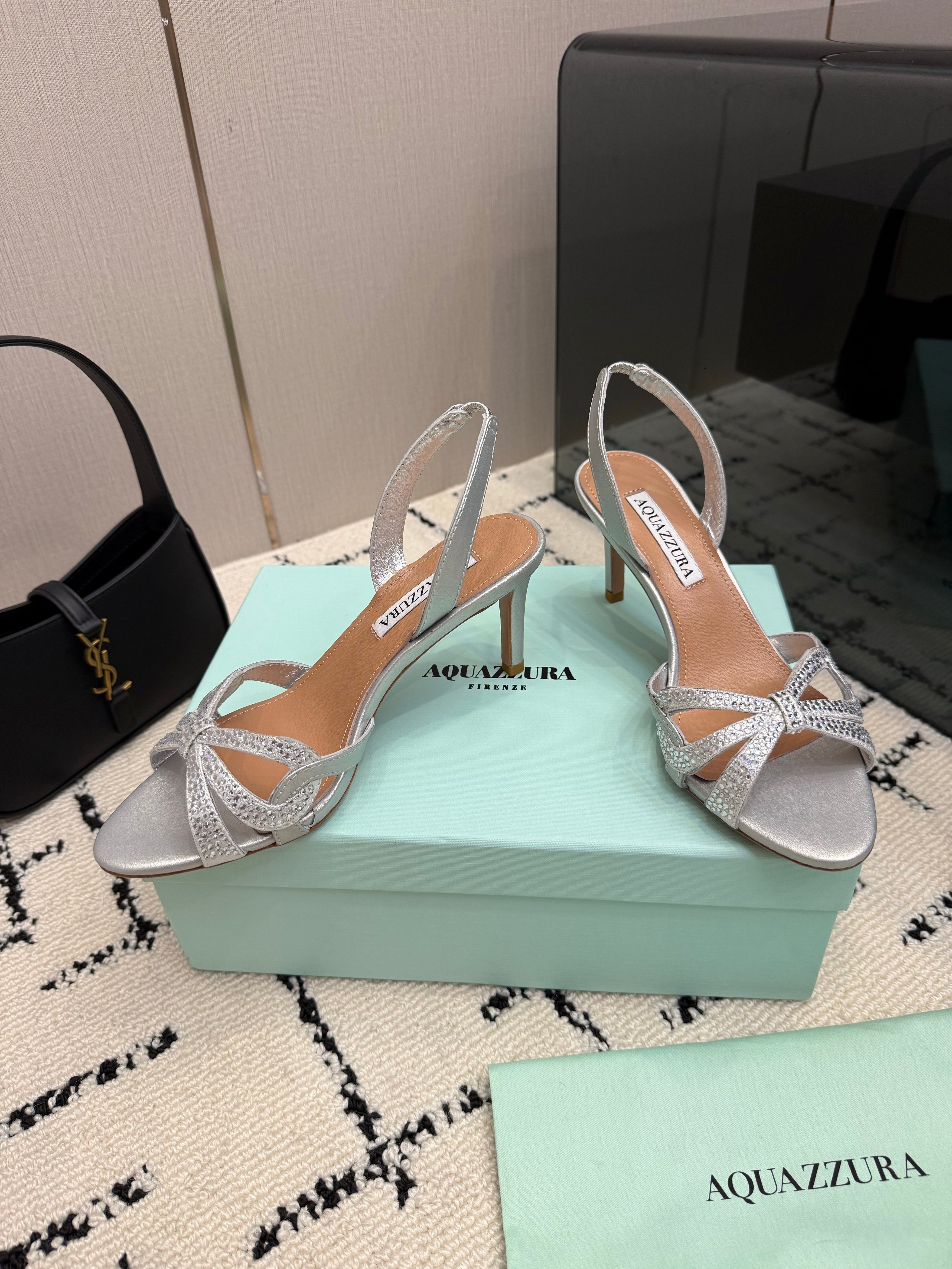 AQUAZZURA 26S HEEL SANDALS 80 MM IN SILVER CALFSKIN CRYSTAL STONES