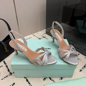 AQUAZZURA 26S HEEL SANDALS 80 MM IN SILVER CALFSKIN CRYSTAL STONES