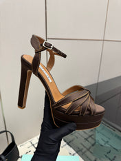 AQUAZZURA 26S HEEL SANDALS 135 MM IN DARK BROWN SATIN RHINESTONE
