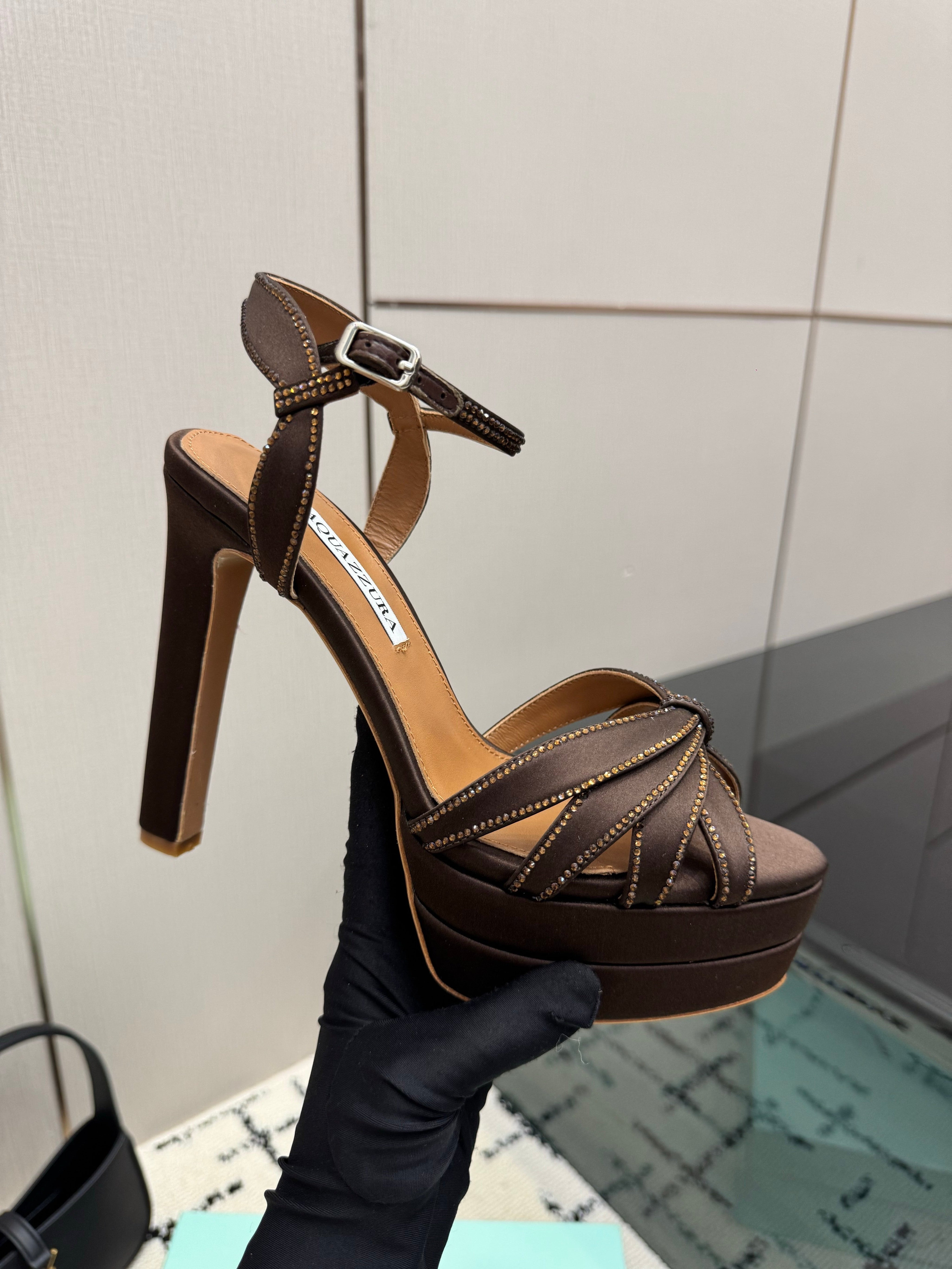 AQUAZZURA 26S HEEL SANDALS 135 MM IN DARK BROWN SATIN RHINESTONE