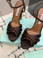 AQUAZZURA 26S HEEL SANDALS 135 MM IN DARK BROWN SATIN RHINESTONE