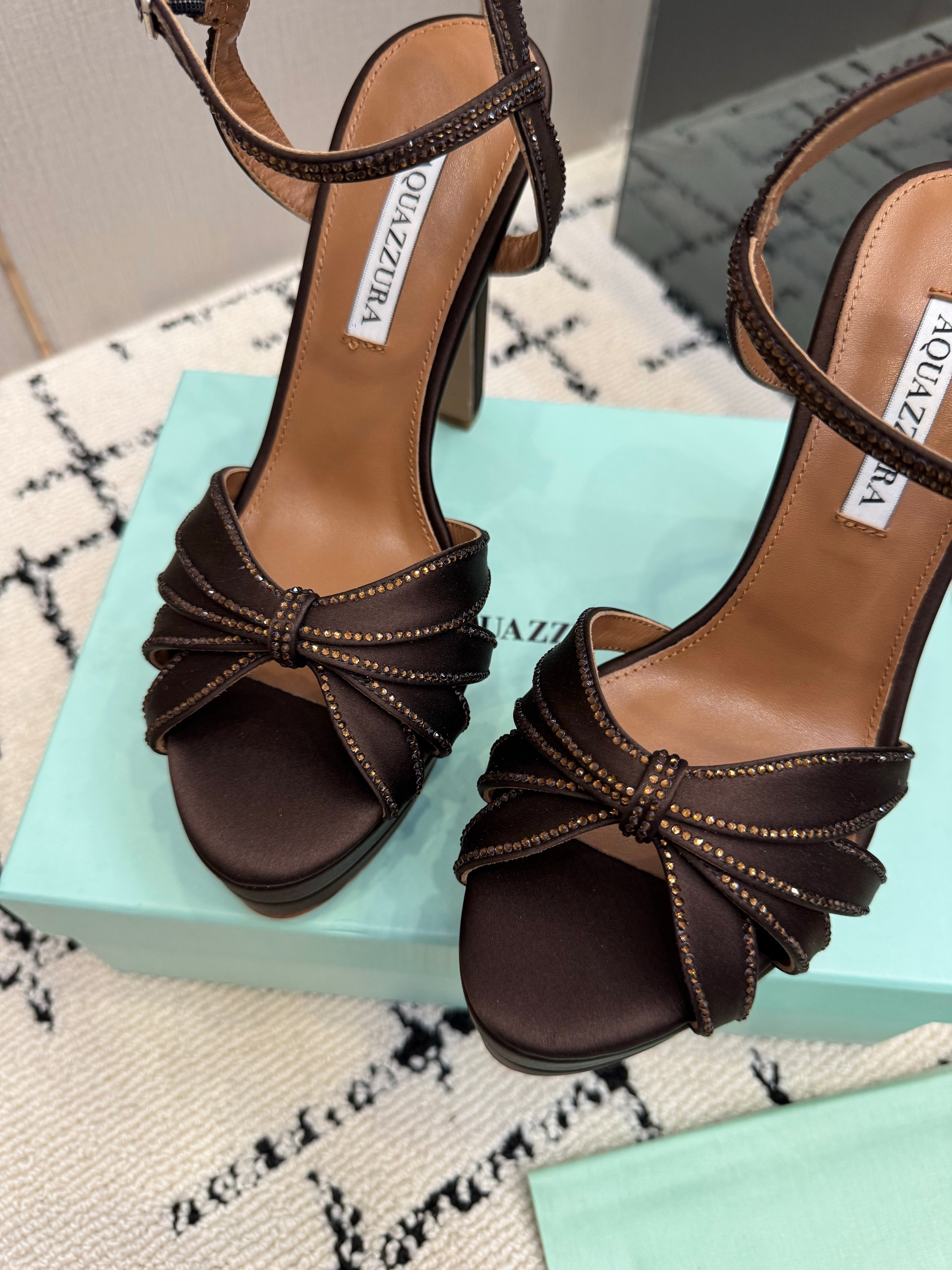 AQUAZZURA 26S HEEL SANDALS 135 MM IN DARK BROWN SATIN RHINESTONE