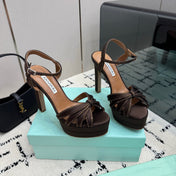 AQUAZZURA 26S HEEL SANDALS 135 MM IN DARK BROWN SATIN RHINESTONE