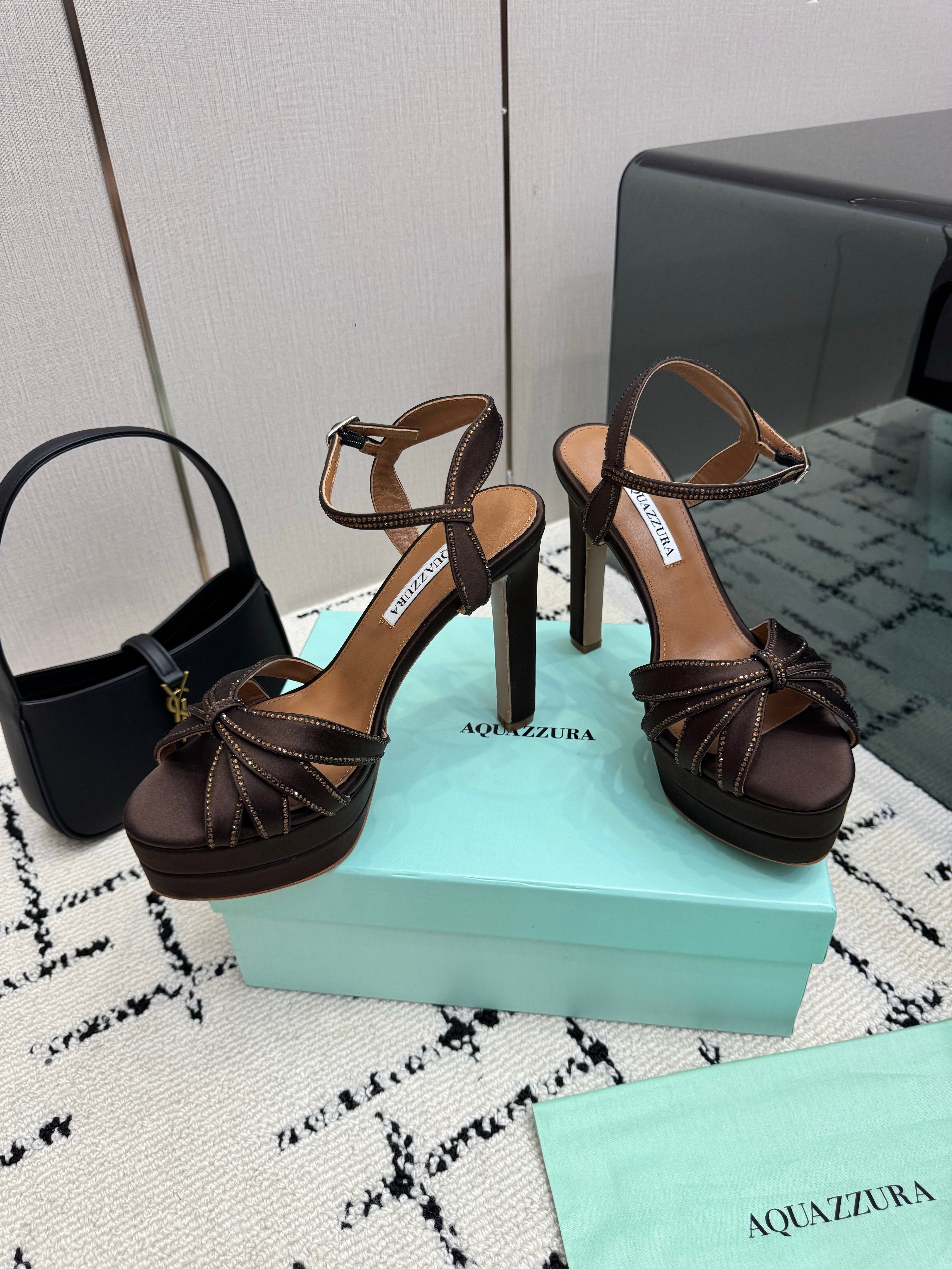 AQUAZZURA 26S HEEL SANDALS 135 MM IN DARK BROWN SATIN RHINESTONE