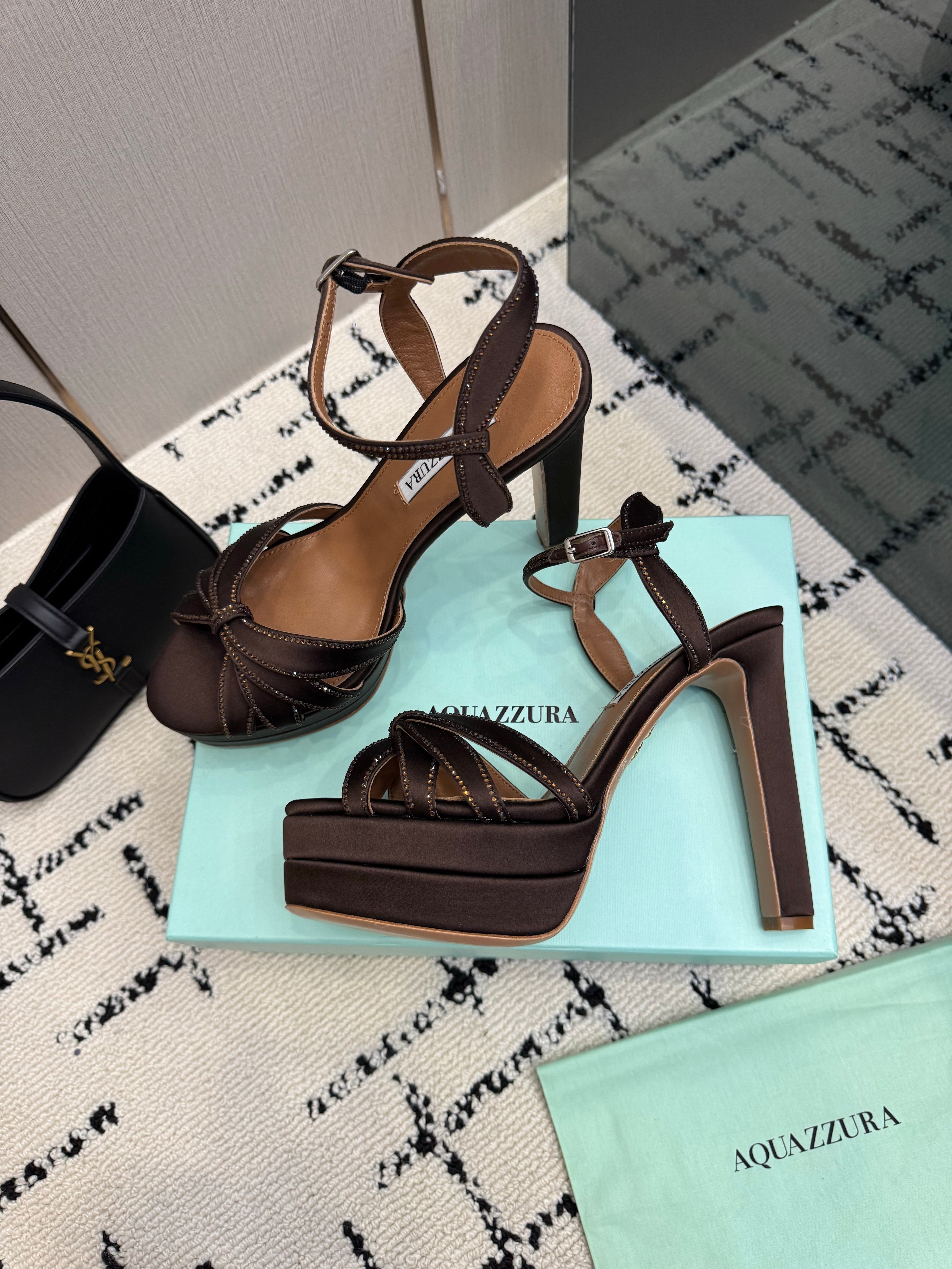 AQUAZZURA 26S HEEL SANDALS 135 MM IN DARK BROWN SATIN RHINESTONE