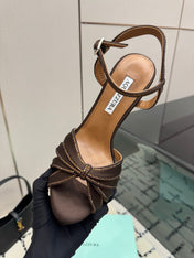 AQUAZZURA 26S HEEL SANDALS 135 MM IN DARK BROWN SATIN RHINESTONE