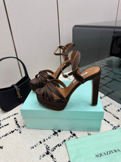 AQUAZZURA 26S HEEL SANDALS 135 MM IN DARK BROWN SATIN RHINESTONE