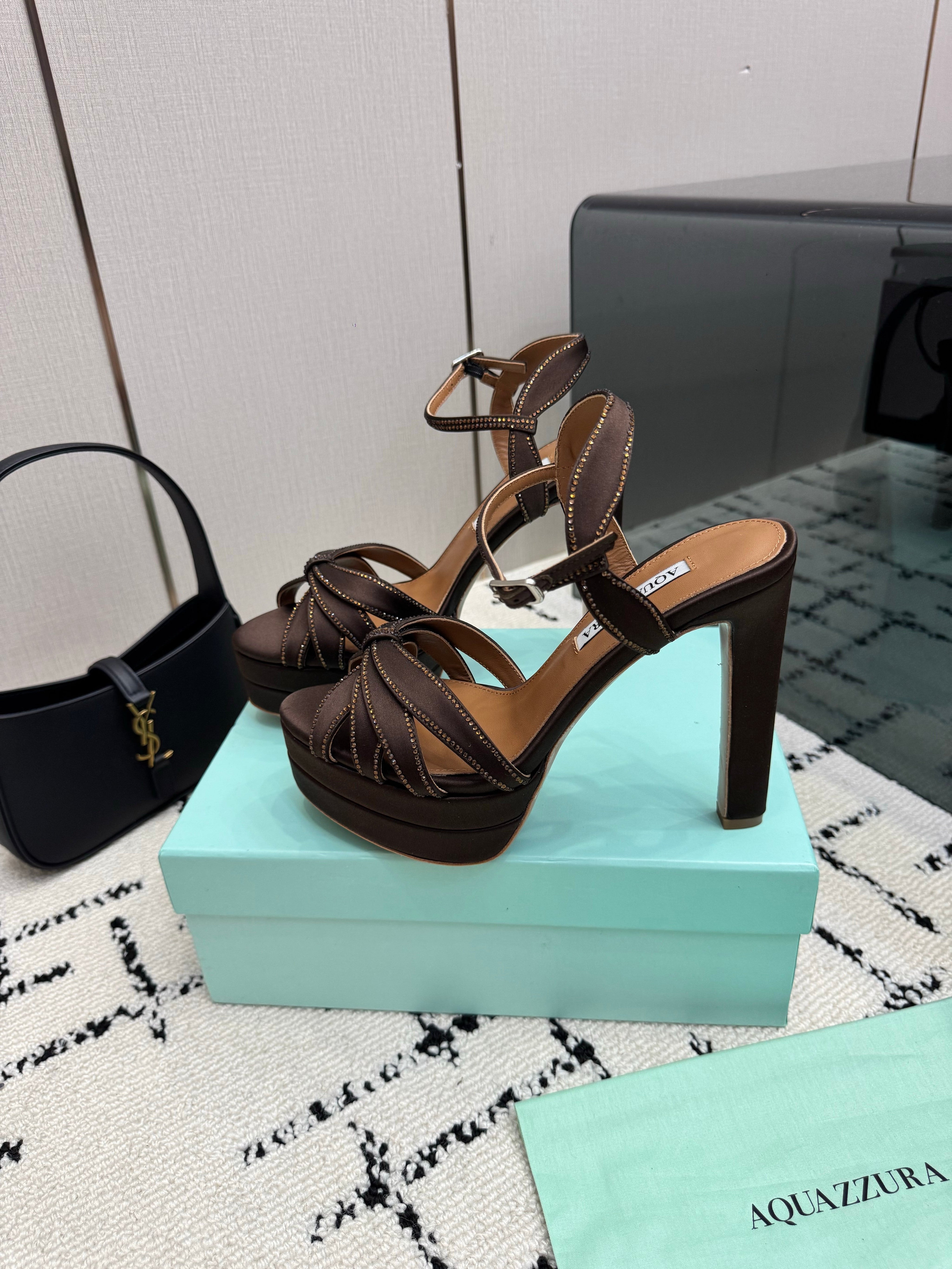 AQUAZZURA 26S HEEL SANDALS 135 MM IN DARK BROWN SATIN RHINESTONE
