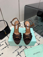 AQUAZZURA 26S HEEL SANDALS 135 MM IN DARK BROWN SATIN RHINESTONE
