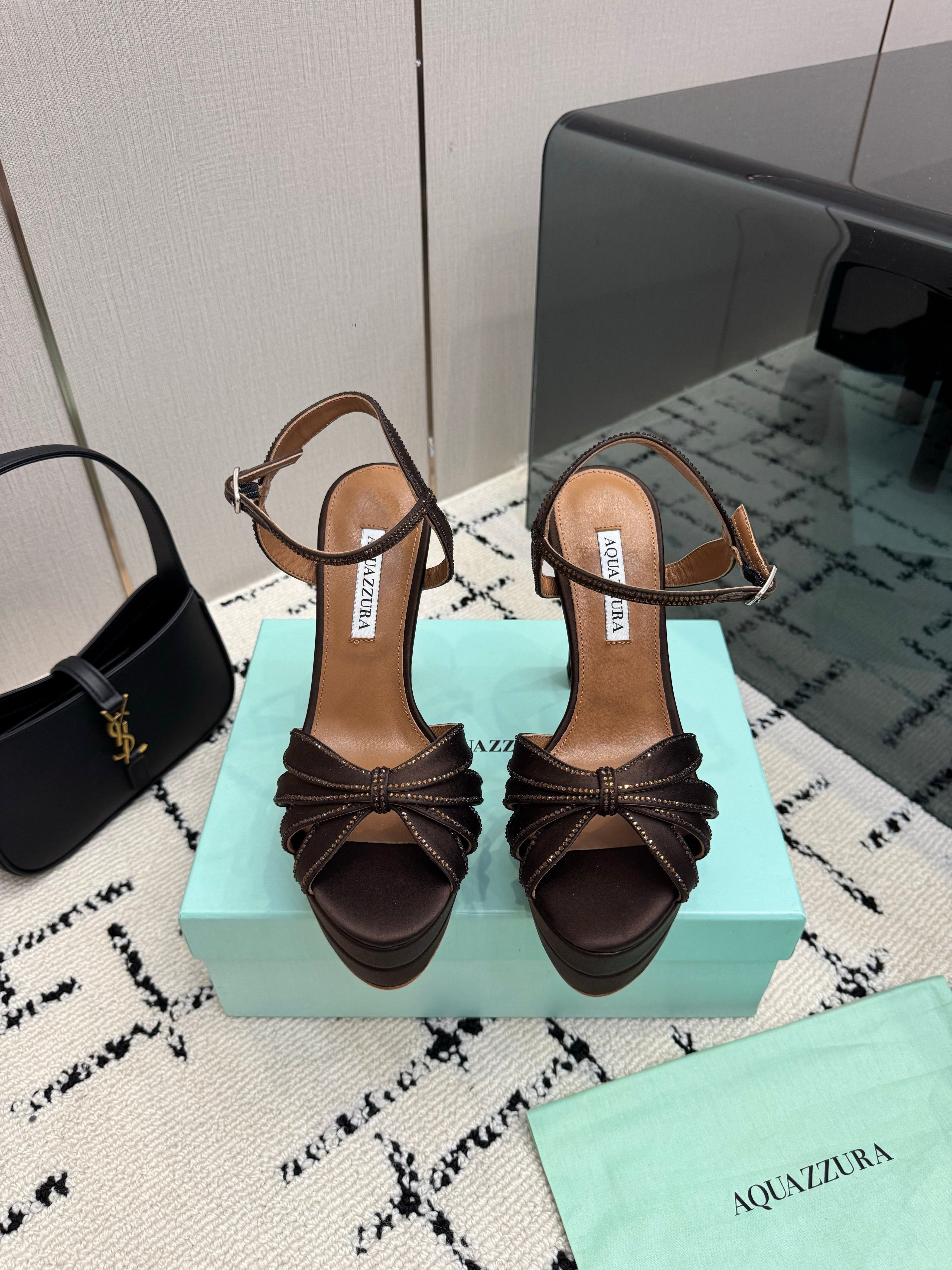 AQUAZZURA 26S HEEL SANDALS 135 MM IN DARK BROWN SATIN RHINESTONE