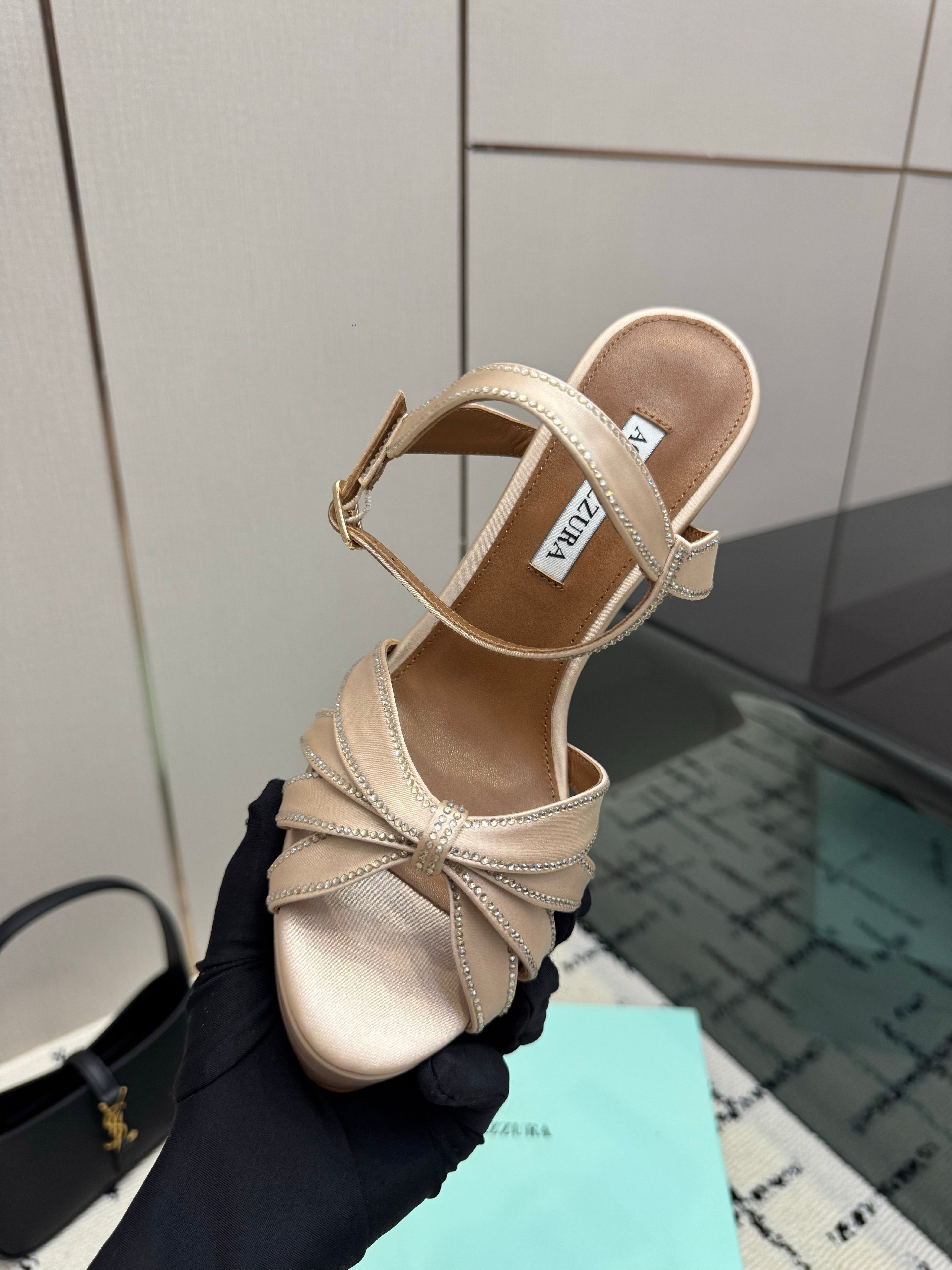 AQUAZZURA 26S HEEL SANDALS 135 MM IN BEIGE SATIN RHINESTONE