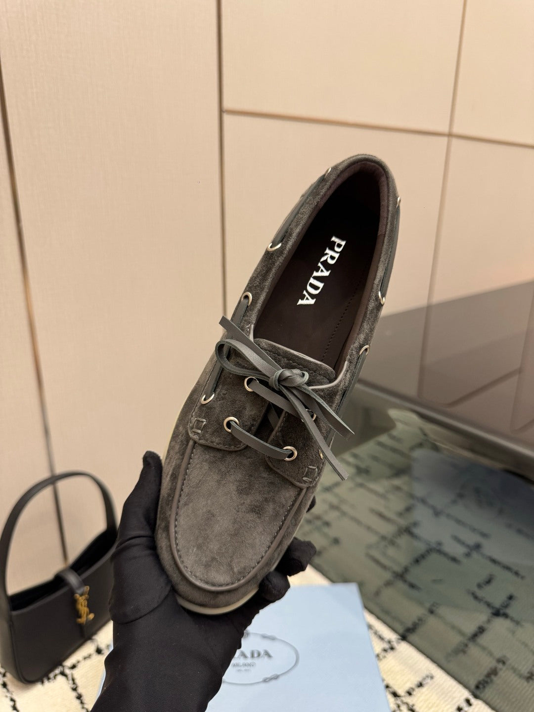 PRADA 26S LOAFERS IN SLATE GREY SUEDE WITH RUBBER SOLE