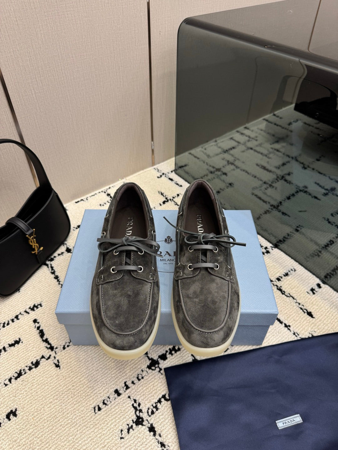 PRADA 26S LOAFERS IN SLATE GREY SUEDE WITH RUBBER SOLE