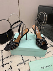 AQUAZZURA 26S HEEL SANDALS 105 MM IN BLACK SATIN RHINESTONE