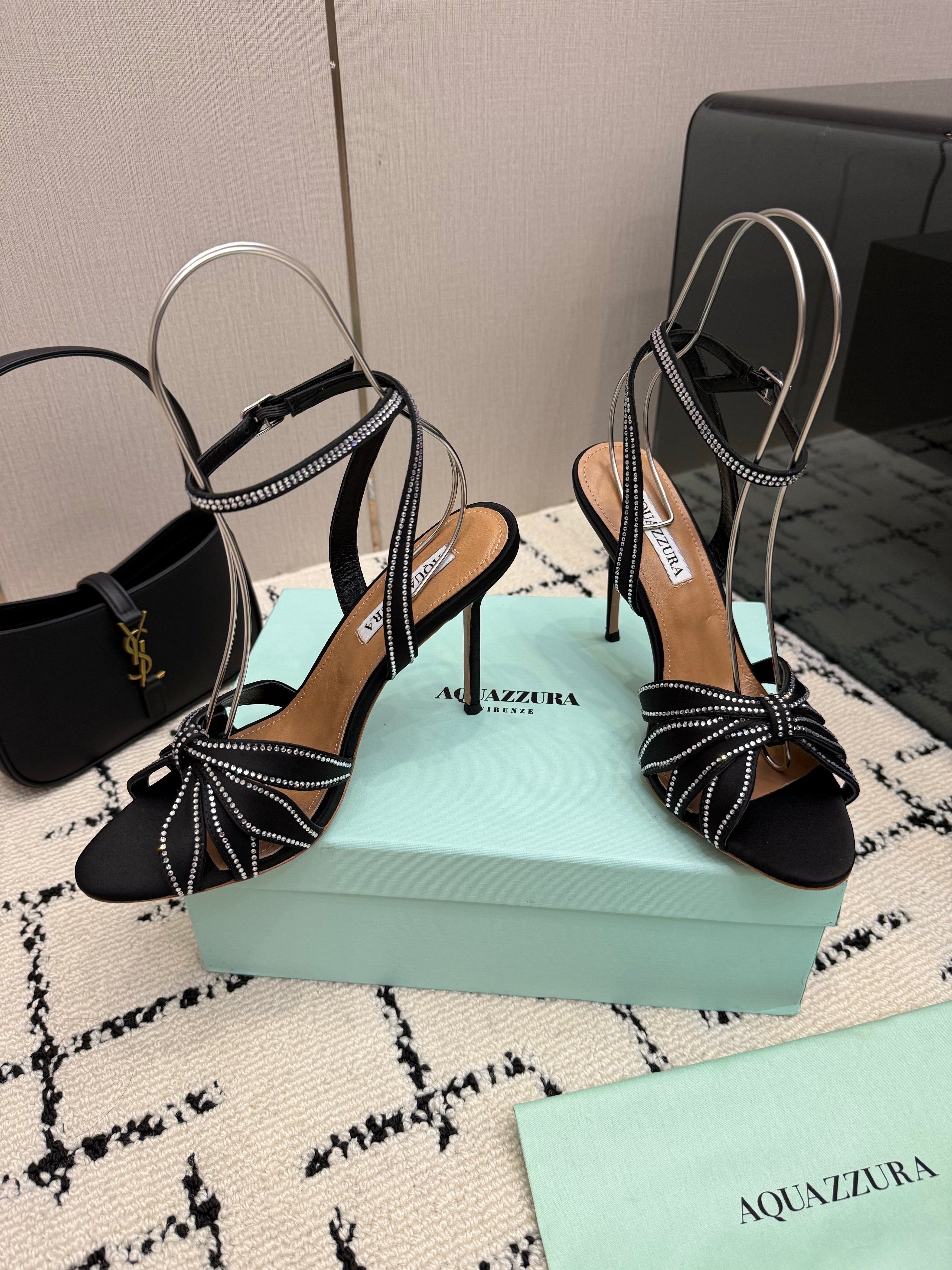 AQUAZZURA 26S HEEL SANDALS 105 MM IN BLACK SATIN RHINESTONE