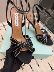 AQUAZZURA 26S HEEL SANDALS 105 MM IN BLACK SATIN RHINESTONE