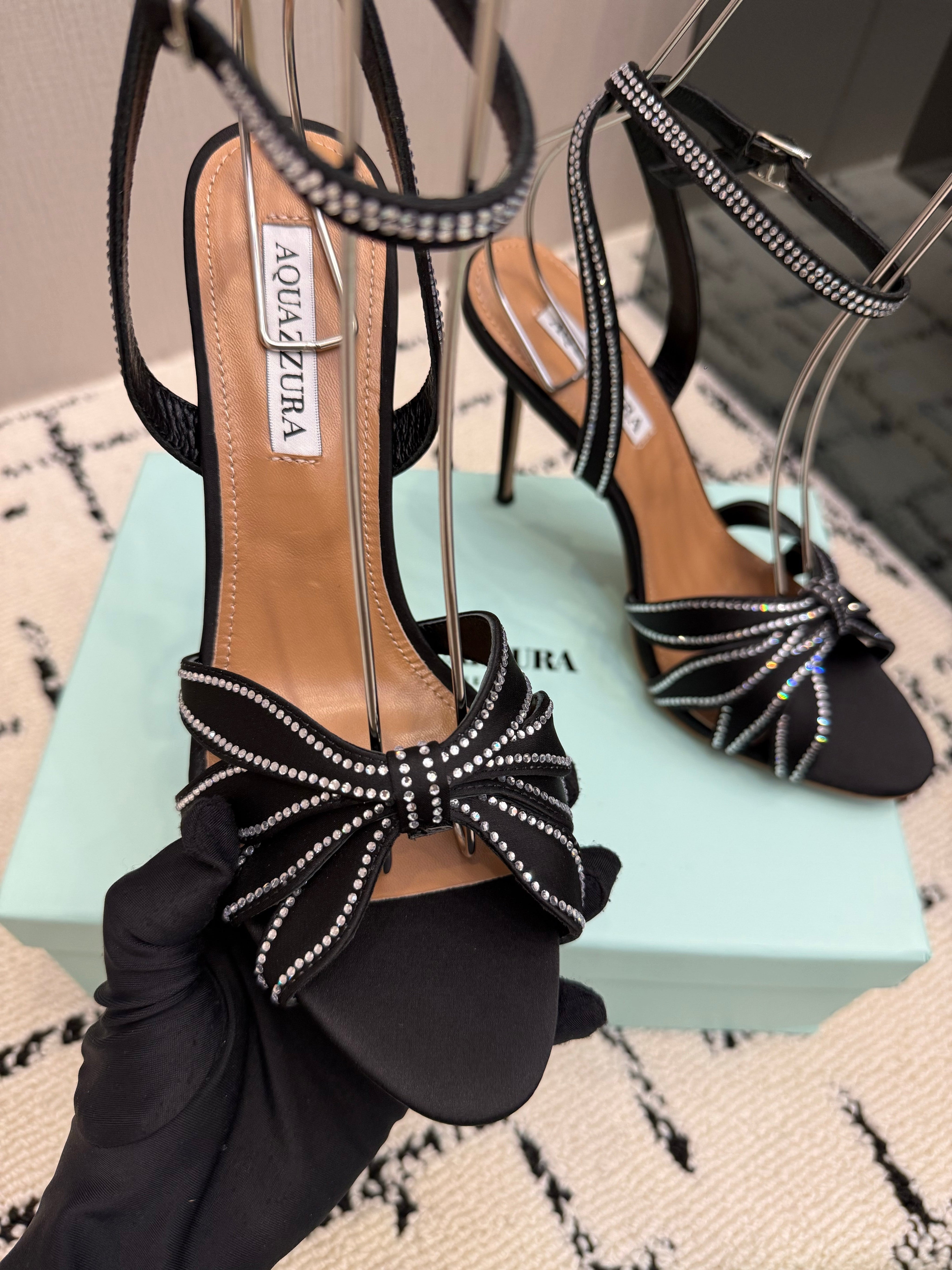AQUAZZURA 26S HEEL SANDALS 105 MM IN BLACK SATIN RHINESTONE