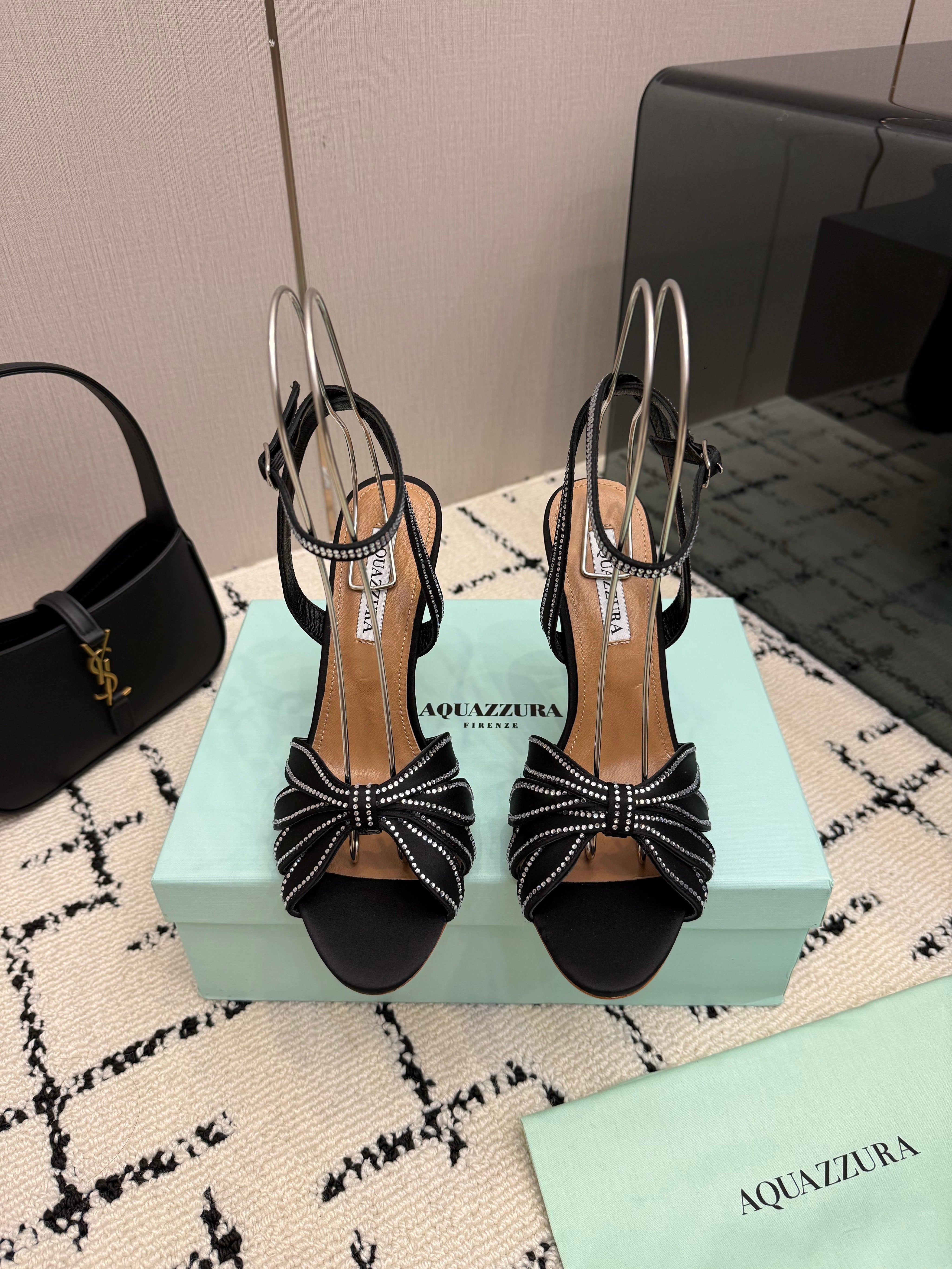 AQUAZZURA 26S HEEL SANDALS 105 MM IN BLACK SATIN RHINESTONE