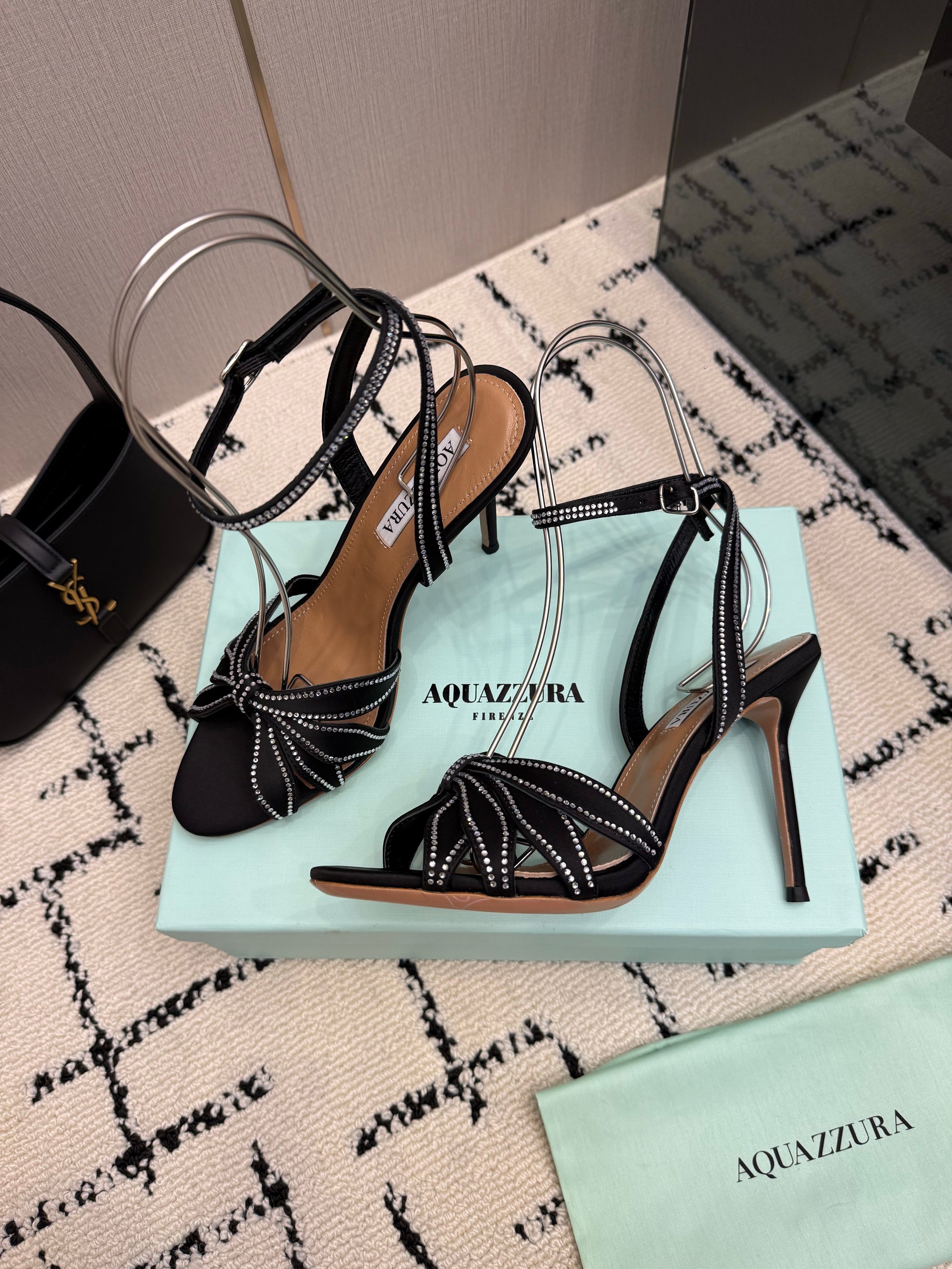 AQUAZZURA 26S HEEL SANDALS 105 MM IN BLACK SATIN RHINESTONE