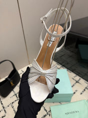 AQUAZZURA 26S HEEL SANDALS 105 MM IN SILVER SATIN RHINESTONE