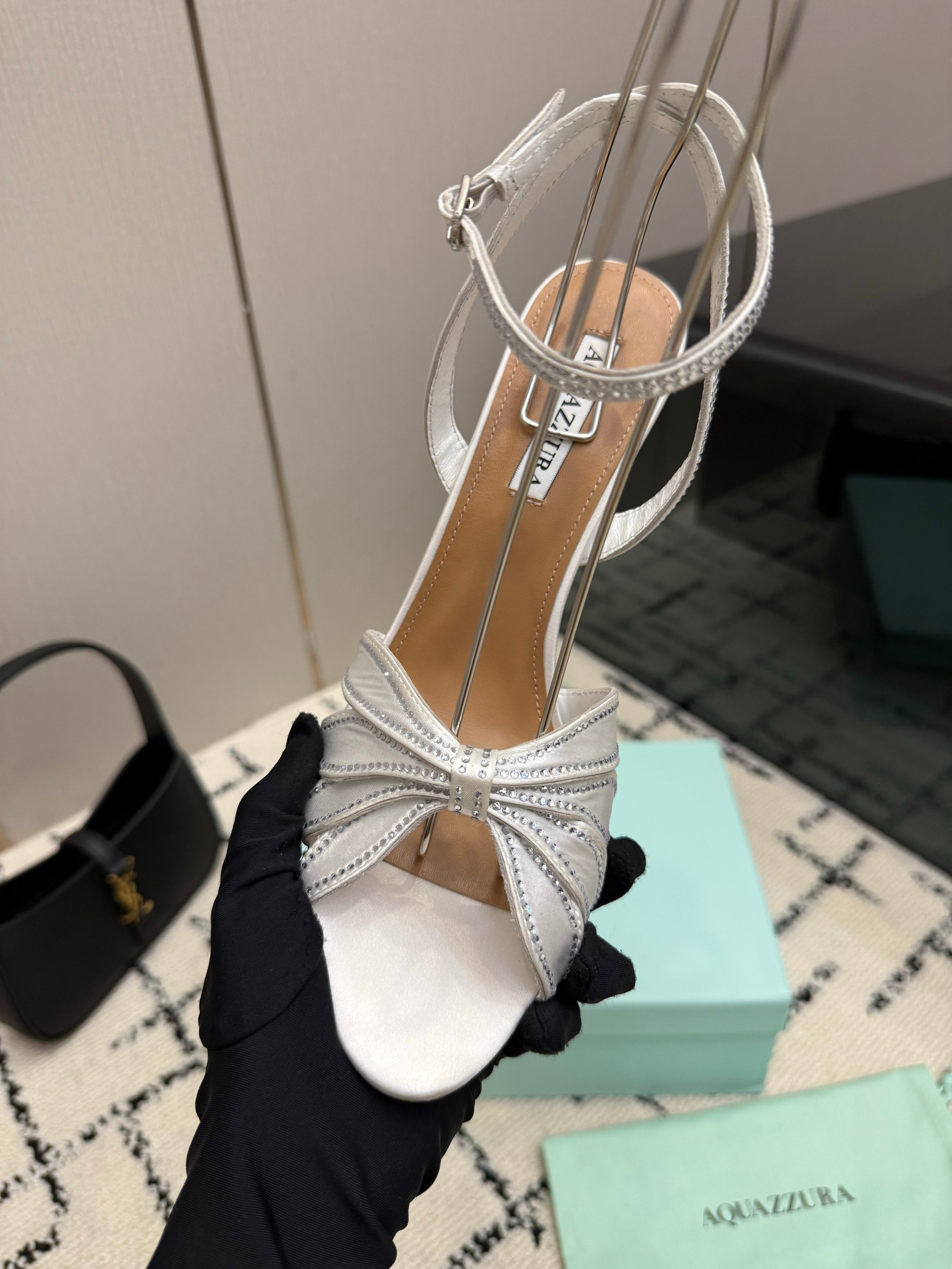 AQUAZZURA 26S HEEL SANDALS 105 MM IN SILVER SATIN RHINESTONE