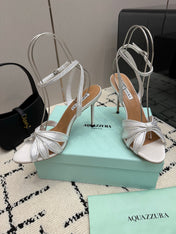 AQUAZZURA 26S HEEL SANDALS 105 MM IN SILVER SATIN RHINESTONE