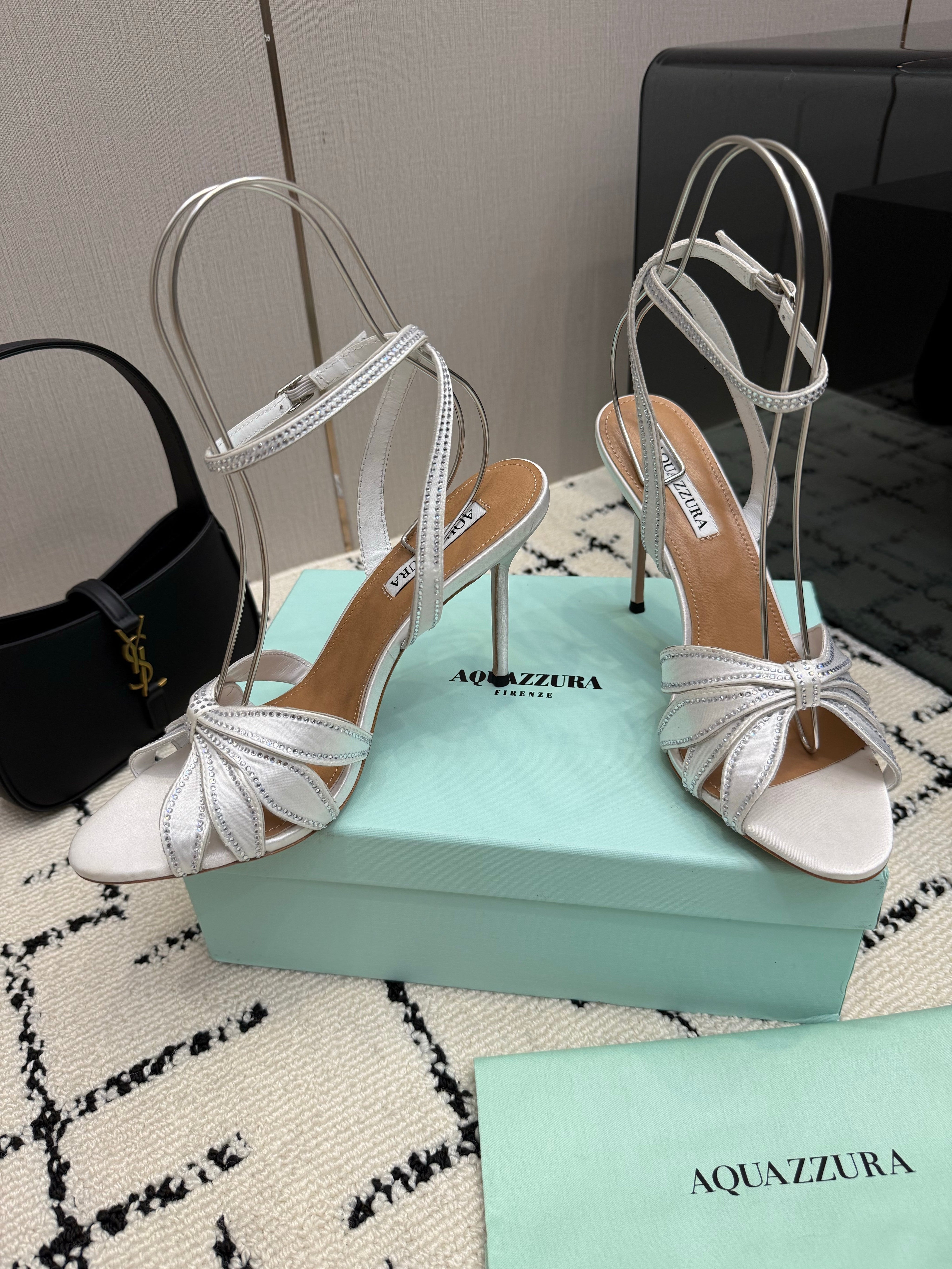 AQUAZZURA 26S HEEL SANDALS 105 MM IN SILVER SATIN RHINESTONE
