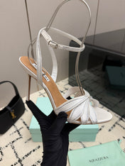 AQUAZZURA 26S HEEL SANDALS 105 MM IN SILVER SATIN RHINESTONE