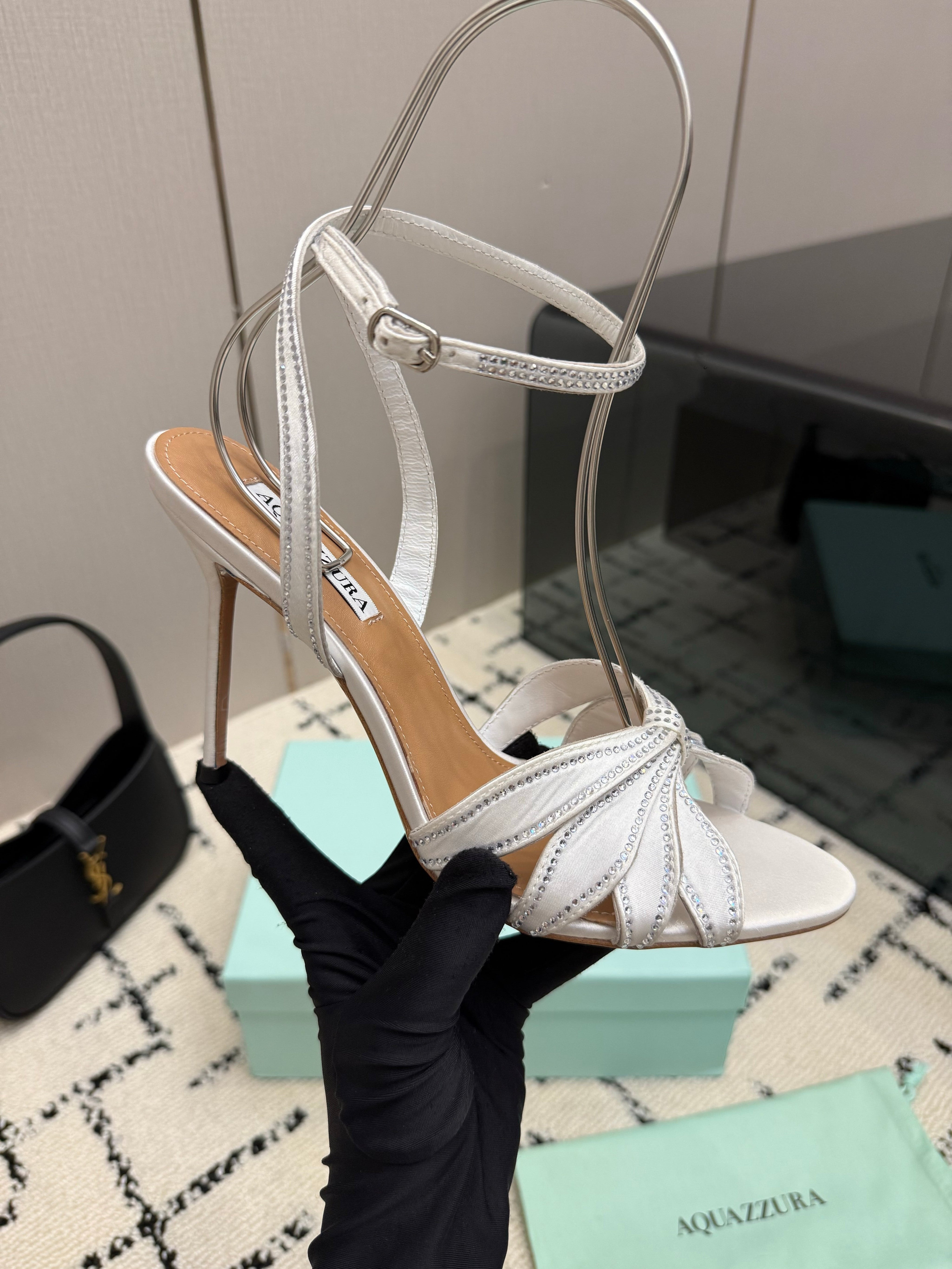 AQUAZZURA 26S HEEL SANDALS 105 MM IN SILVER SATIN RHINESTONE