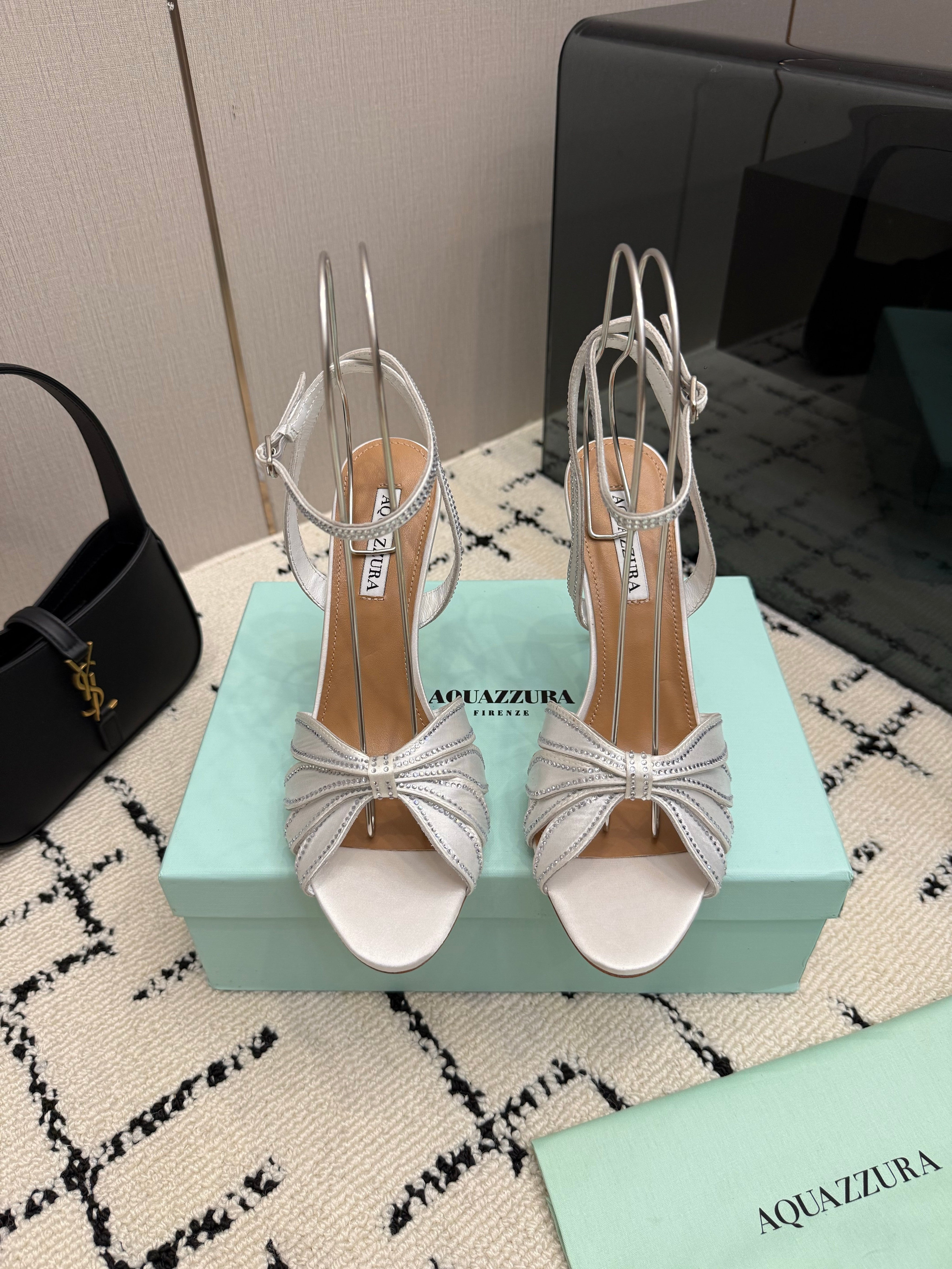 AQUAZZURA 26S HEEL SANDALS 105 MM IN SILVER SATIN RHINESTONE