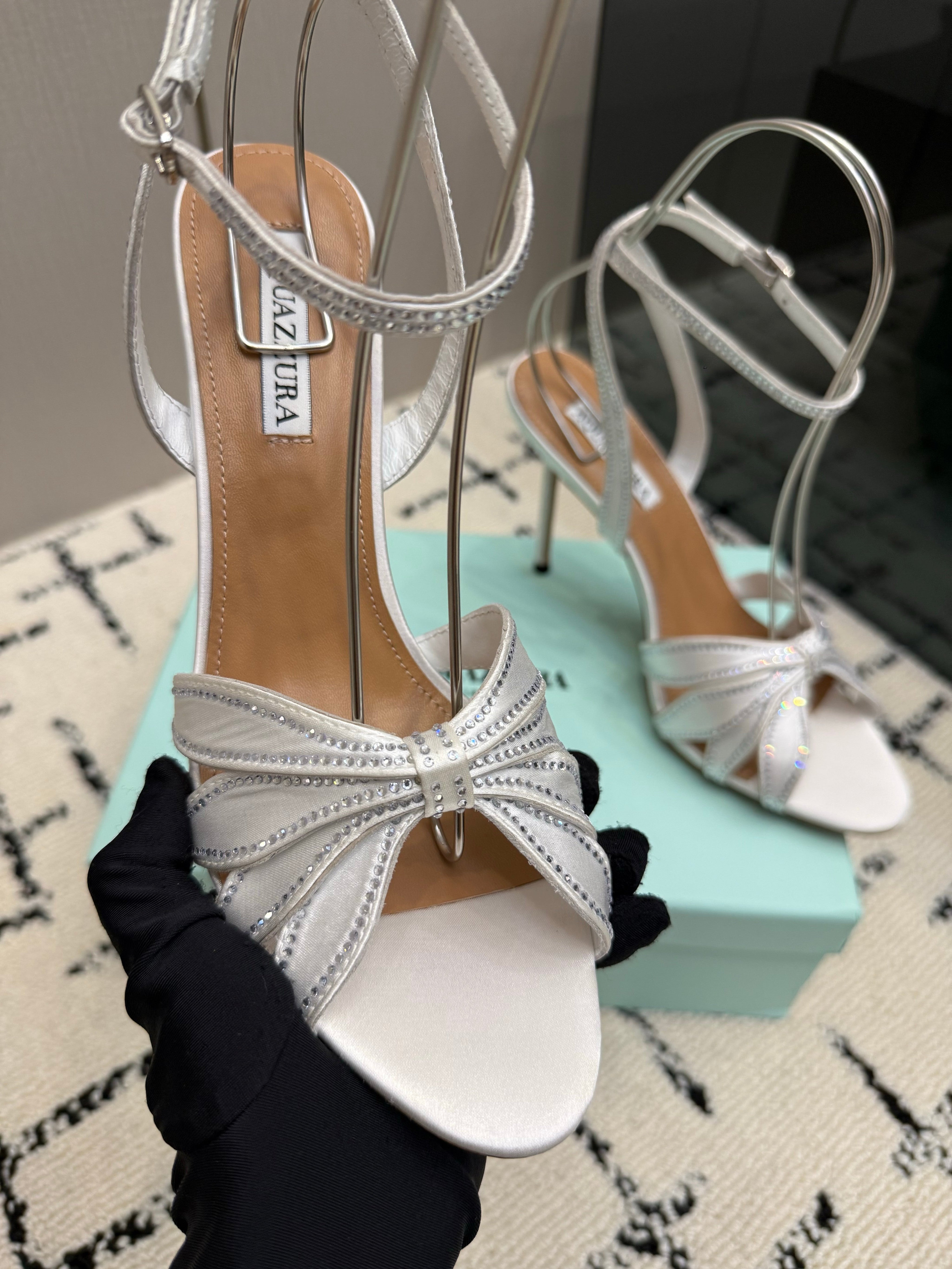 AQUAZZURA 26S HEEL SANDALS 105 MM IN SILVER SATIN RHINESTONE