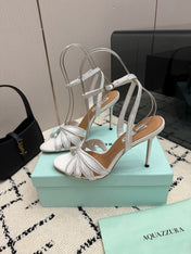 AQUAZZURA 26S HEEL SANDALS 105 MM IN SILVER SATIN RHINESTONE
