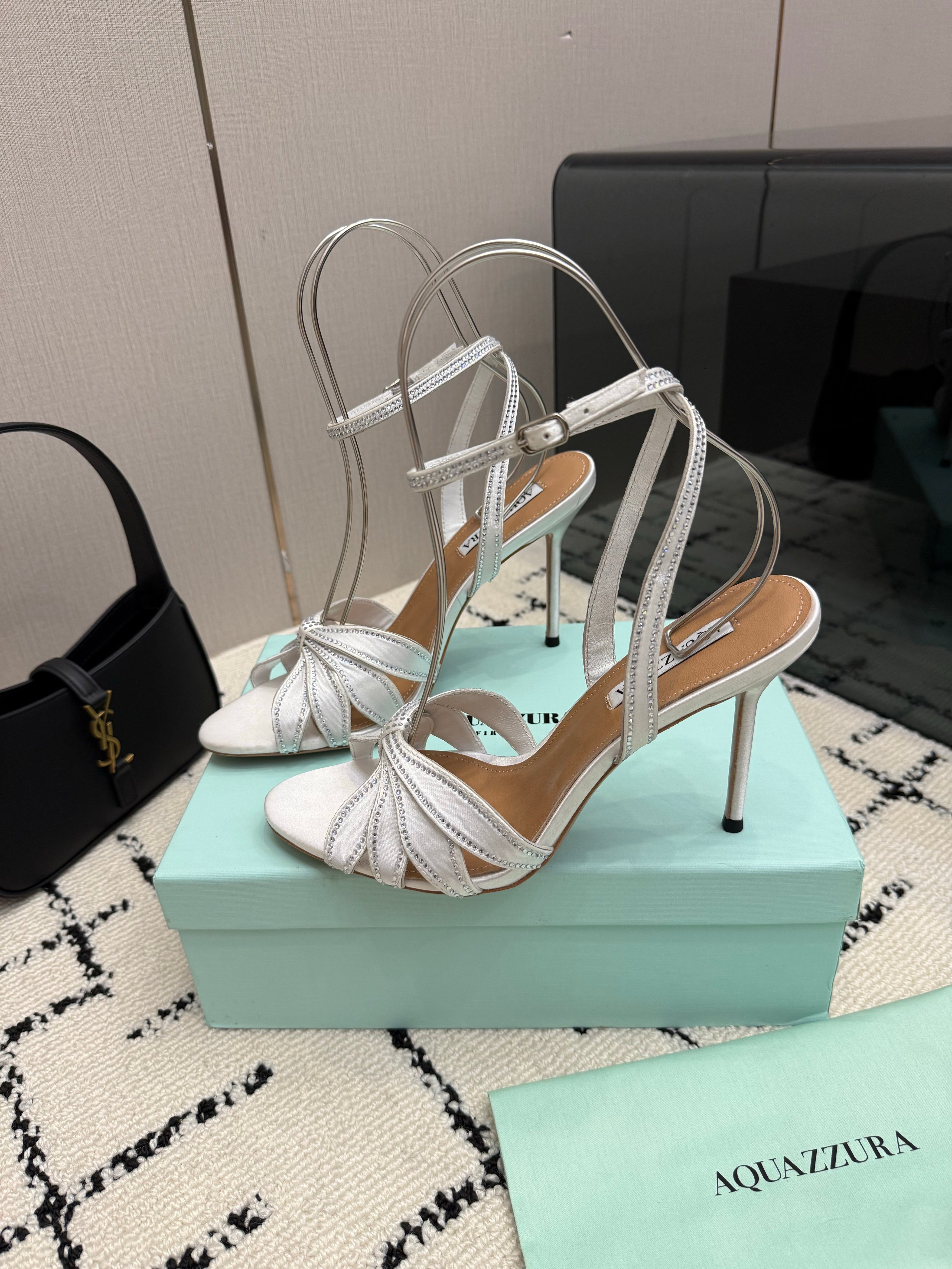 AQUAZZURA 26S HEEL SANDALS 105 MM IN SILVER SATIN RHINESTONE