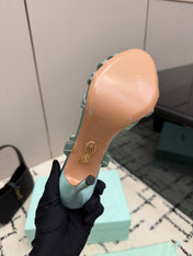 AQUAZZURA 26S HEEL SANDALS 105 MM IN MINT GREEN SATIN RHINESTONE