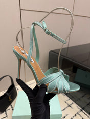 AQUAZZURA 26S HEEL SANDALS 105 MM IN MINT GREEN SATIN RHINESTONE