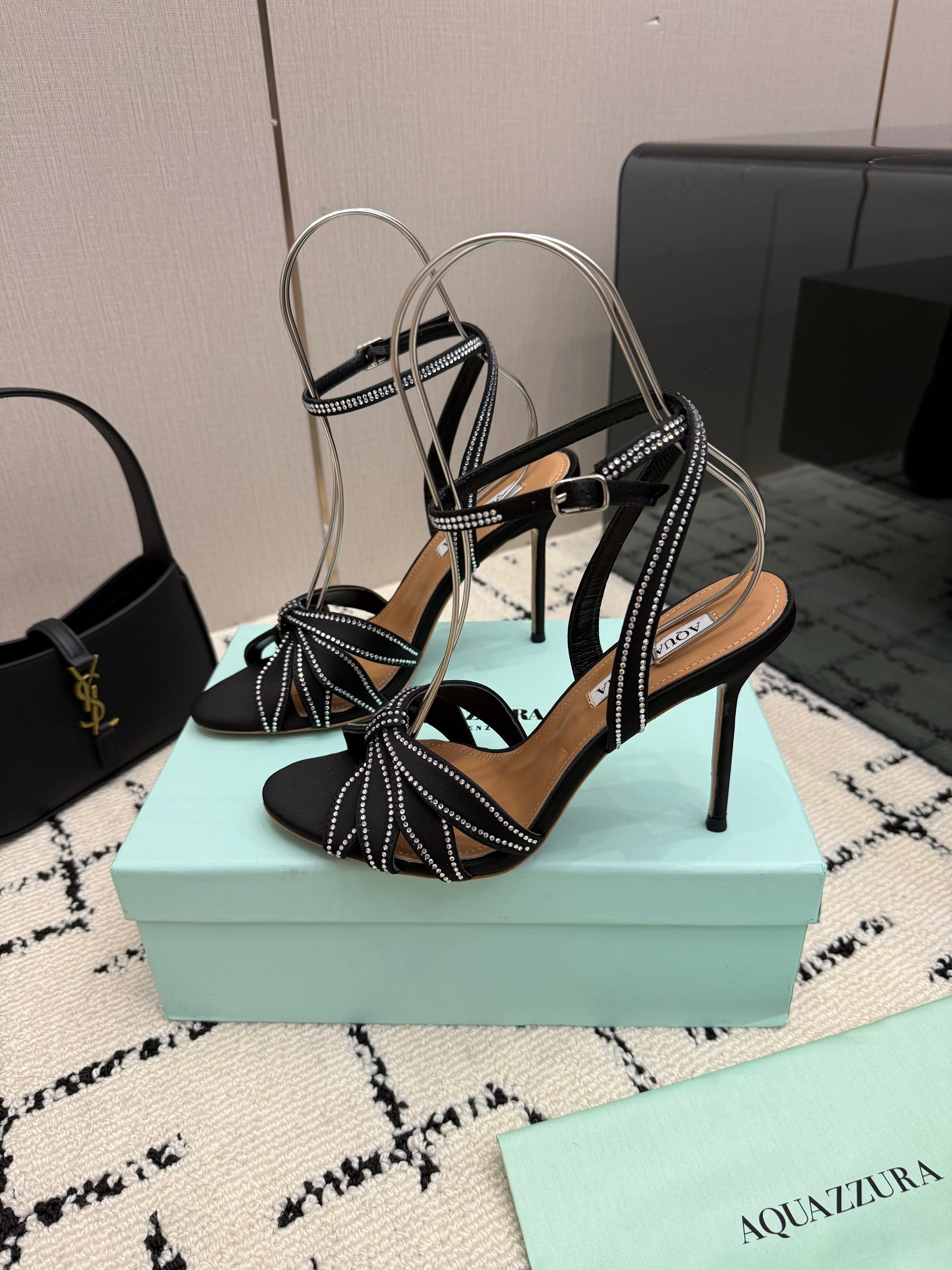 AQUAZZURA 26S HEEL SANDALS 105 MM IN BLACK SATIN RHINESTONE