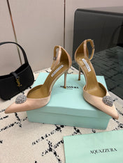 AQUAZZURA 26S POINTED-TOE PUMPS 105 MM IN BEIGE SATIN