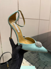 AQUAZZURA 26S POINTED-TOE PUMPS 105 MM IN MINT GREEN SATIN
