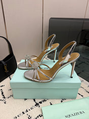 AQUAZZURA 26S STRAPPY HEELS 105 MM IN SILVER CALFSKIN