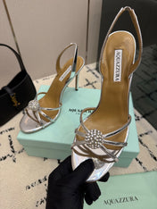 AQUAZZURA 26S STRAPPY HEELS 105 MM IN SILVER CALFSKIN