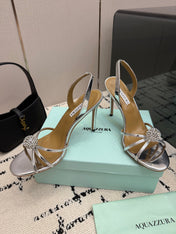 AQUAZZURA 26S STRAPPY HEELS 105 MM IN SILVER CALFSKIN