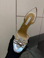 AQUAZZURA 26S STRAPPY HEELS 105 MM IN SILVER CALFSKIN
