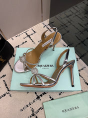 AQUAZZURA 26S STRAPPY HEELS 105 MM IN SILVER CALFSKIN