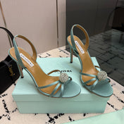 AQUAZZURA 26S STRAPPY HEELS 105 MM IN MINT GREEN SATIN
