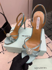 AQUAZZURA 26S STRAPPY HEELS 105 MM IN MINT GREEN SATIN