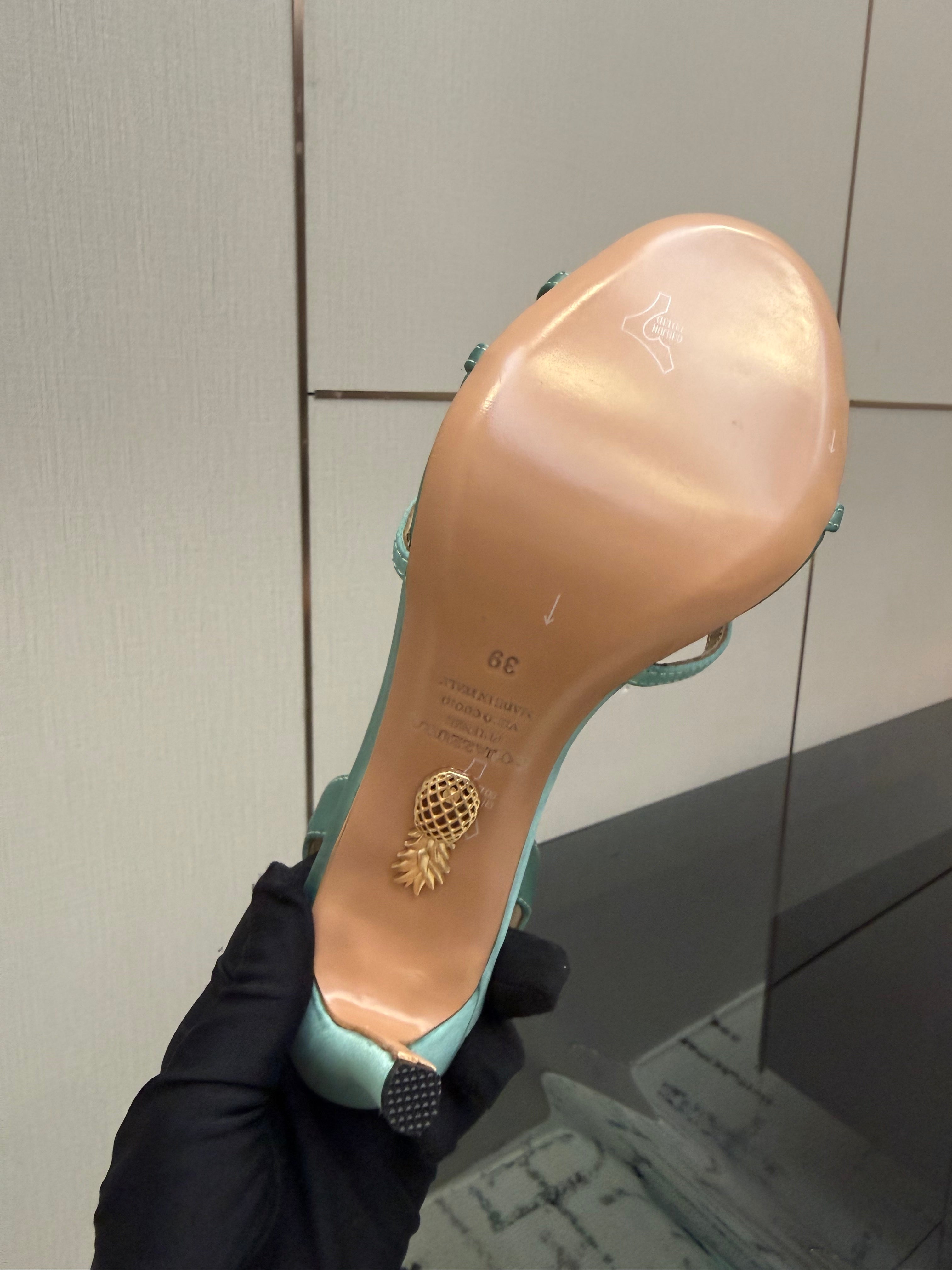 AQUAZZURA 26S STRAPPY HEELS 105 MM IN MINT GREEN SATIN