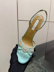 AQUAZZURA 26S STRAPPY HEELS 105 MM IN MINT GREEN SATIN